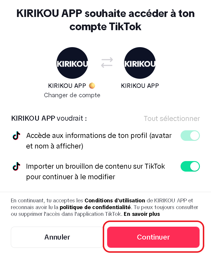 Autoriser KIRIKOU sur TikTok
